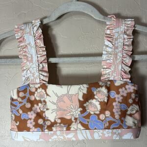 Ephemera reosrt wear ruffle bikini top pink and brown floral size 4.